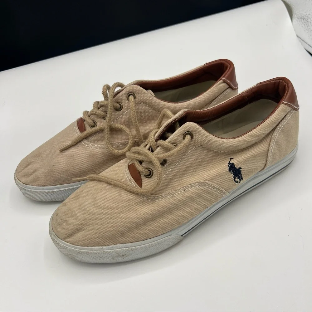 Polo Ralph Lauren Mens Tan Canvas Sneakers Leather Lace Up‎ Low Top Vaughn 7